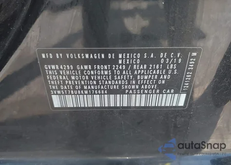 2019 Volkswagen Jetta Gli 2.0T 35Th Anniversary Edition/2.0T Autobahn/2.0T S из США, поврежденный, VIN 3VW5T7BU8KM176684